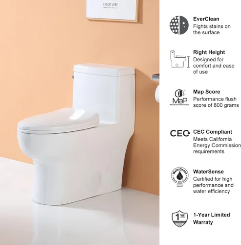 Miniatura 5 de HOROW HR-ST076W - Inodoro alargado con palanca de viaje a la izquierda, inodoro de una pieza para baño, asiento de cierre suave incluido, descarga