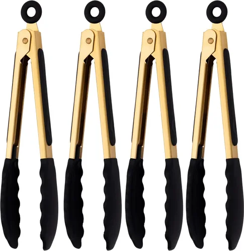 Miniatura 8 de Pinzas doradas clásicas de acero inoxidable para servir comida y fiesta, pinzas de cocina de 9 y 12 pulgadas con puntas de silicona sin BPA