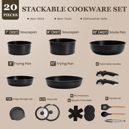 Miniatura 2 de KIKCOIN Juego de 20 Piezas de Ollas y Sartenes Antiadherentes, Juegos de Utensilios de Cocina Antiadherentes con Mango Desmontable, No Tóxico, Juego