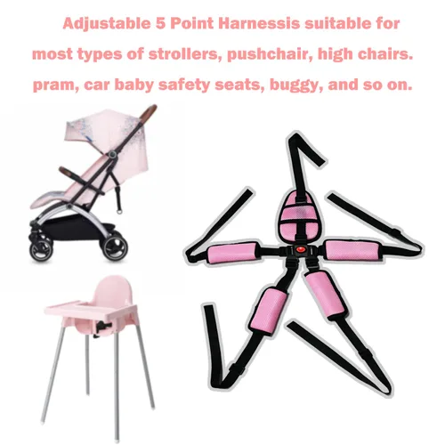 Miniatura 6 de Cinturón de seguridad universal de 5 puntos para niños, arnés ajustable para bebé, cinturón de seguridad de bebé de seguridad para silla alta, Rosado