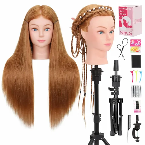 Cabeza de maniquí con 80% cabello humano y trípode ajustable para cabeza de maniquí – Muñeca de práctica de cosmetología de 28 pulgadas para