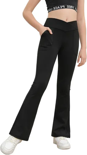 Pantalones de yoga para niñas, cintura cruzada, pierna ancha, pantalones acampanados de entrenamiento de cintura alta