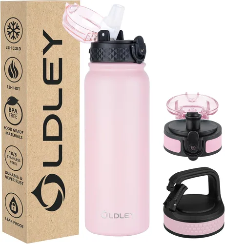 Miniatura 27 de Botella de agua aislada Oldley de 12 oz con pajita, botella de agua de acero inoxidable con 2 tapas, botellas de doble pared con vacío para adultos