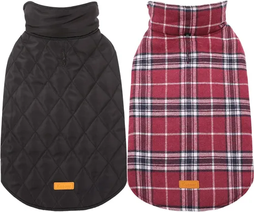 Kuoser - Abrigo rojo para perro, abrigo de invierno a cuadros, impermeable, reversible, S-XS