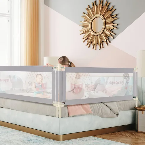 Miniatura 9 de BABY JOY Riel de cama para niños pequeños, 77 pulgadas, extra largo, altura ajustable y plegable, protector de riel de cama de bebé con malla Gris