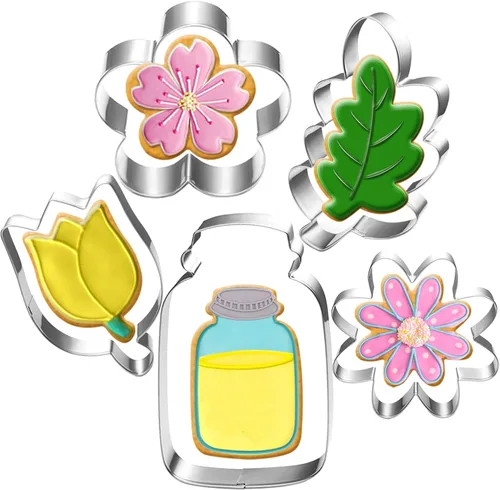 LUBTOSMN Flower and Mason Jar - Juego de 5 cortadores de galletas con diseño de margaritas, tulipanes, hojas de roble y tarro Mason