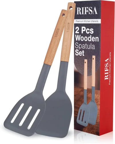 Miniatura 8 de Juego de 2 espátulas de silicona – Paquete de 2 espátulas de cocina ranuradas antiadherentes, resistentes al calor para freír, hornear, sin BPA