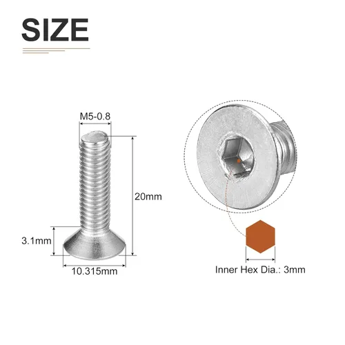 Miniatura 2 de DTGN Tornillos de cabeza plana M5-0.031 x 0.787 in, paquete de 50 tornillos de cabeza plana de acero inoxidable 304, rosca completa, pernos