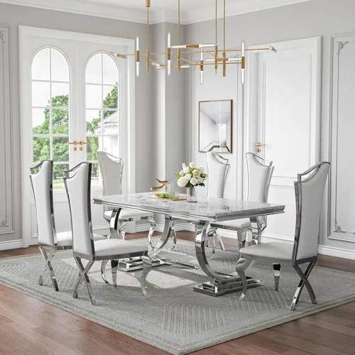 Miniatura 21 de Juego de mesa de comedor de mármol de 70 pulgadas para 6, mesa de cocina grande y sillas de cuero negro, mesas de comedor modernas negras y doradas