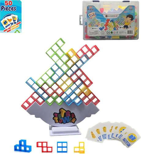 50 Piezas Juegos de Mesa para Niños y Adultos Torre Tetra Juguetes de Equilibrio y Apilamiento Perfectos para Juegos Familiares, Fiestas, Viajes