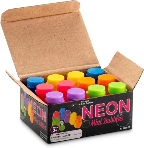 Mini burbujas de neón para fiestas para niños, (paquete de 12) varitas y botellas a granel para soplar burbujas, recuerdos de fiesta de cumpleaños,