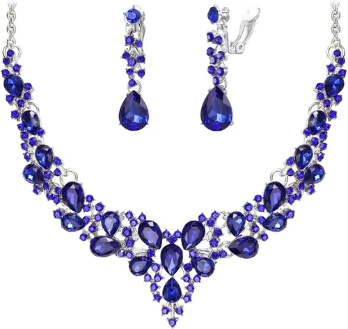 BriLove Impresionante collar de joyería de 13.8 a 16.1 pulgadas, juego de aretes de clip con forma de lágrima de cristal austriaco brillante para