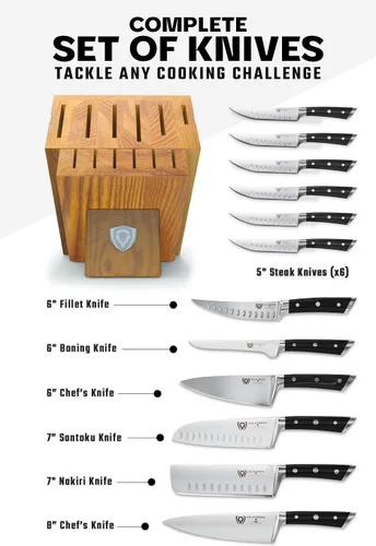 Miniatura 3 de Dalstrong Juego de bloques de cuchillos Elite de 12 piezas, acero alemán de alto carbono, espiga completa, pulido a mano, chef + Santoku + Nakiri +