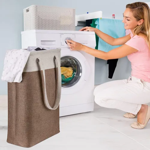 Miniatura 6 de Cesta de ropa sucia con asas beige y marrón, cesta de lavandería delgada plegable, cesta de ropa sucia estrecha, bolsa de lavandería plegable, cesto