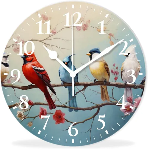 Reloj de pared analógico a pilas, sin tictac, reloj decorativo para dormitorio, oficina, baño, pájaros coloridos en las ramas (10 pulgadas)