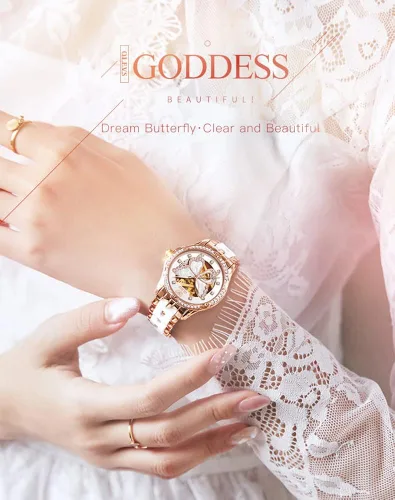 Miniatura 3 de OLEVS Relojes automáticos de oro rosa para mujer diseño de esqueleto mecánico de cuerda automática elegante vestido de lujo para mujer con diamantes