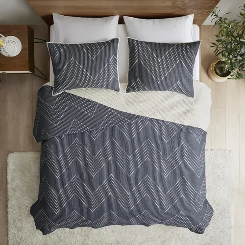 Miniatura 15 de Ink+Ivy Juego de edredón reversible de algodón – Funda de verano con diseño de cheurón moderno, transpirable, capa de ropa de cama ligera para todas