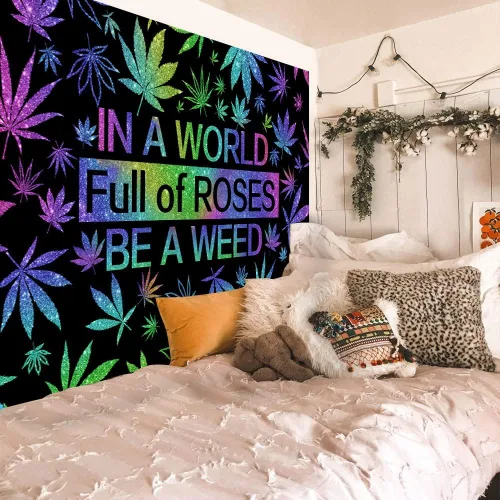 Miniatura 6 de GOAOK Tapiz de hierba trippy, hojas de cannabis psicodélicas frescas y citas divertidas para dormitorio y sala de estar, 60 x 40 pulgadas