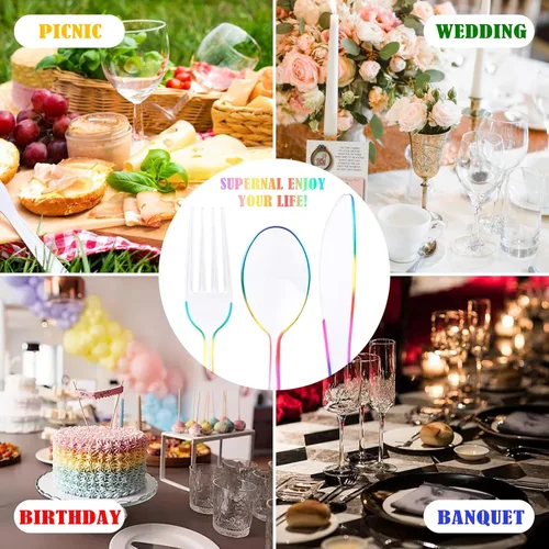 Miniatura 8 de Supernal 120 PCS Cubiertos de Plástico Transparente Resistentes – Utensilios Desechables Juego de Cubiertos Coloridos Arcoíris Incluye 40 Tenedores
