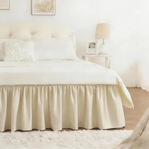 Miniatura 33 de Falda de cama RIMELA envoltura volante elástica que protege contra el polvo con color sólido, resistente a las arrugas y a la decoloración con Blanco
