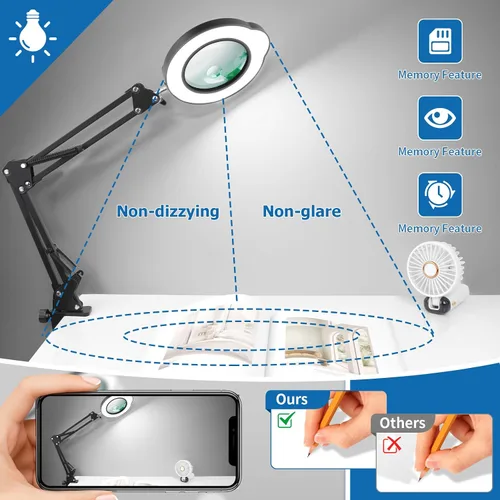 Miniatura 7 de Lupa de 15X 30X con luz y soporte, lámpara de escritorio LED con base y abrazadera, 5 modos de color, 10 niveles regulables, lupa manos libres