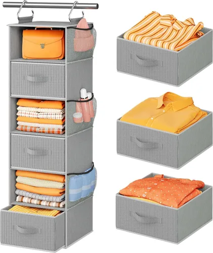 Pipishell Organizador colgante de armario con 6 estantes, estantes colgantes para armario con 3 cajones extraíbles y bolsillos laterales para Gris