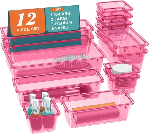 Miniatura 15 de ElegantArray Juego de organizador de cajones de 12 piezas, 4 tamaños, organizador de tocador de plástico versátil para maquillaje, papelería, Negro