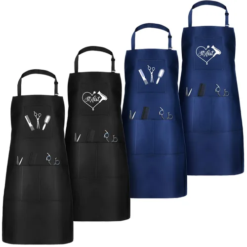 Miniatura 8 de Janmercy 4 delantales para estilista con 4 bolsillos, delantales impermeables para peluquero, cosmetólogo, delantal (negro)