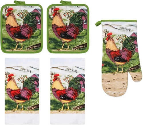 Miniatura 11 de Juego de ropa de cocina de 5 piezas, 2 toallas de algodón, 2 agarraderas, 1 guante de horno con lazo para colgar, material 100% algodón en la parte