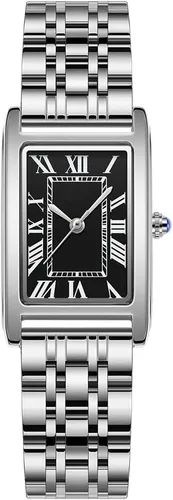 Reloj cuadrado vintage para mujer con esfera de números romanos y pulsera de acero inoxidable. Incluye herramienta de ajuste de correa. Adecuado
