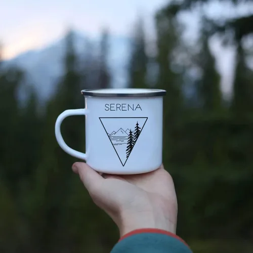 Miniatura 8 de Taza de campamento esmaltada personalizada. Tazas de café de cerámica personalizadas para campamento y senderismo, regalo de San Valentín
