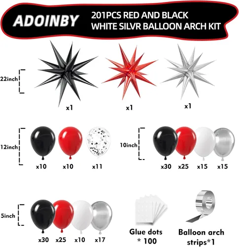Miniatura 2 de Kit de arco de globos rojos, negros y blancos, 201 piezas de guirnalda de globos de látex con estrella explosiva roja, negra, blanca y plateada