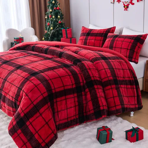 Miniatura 20 de YIYEA Juego de edredón navideño de piel sintética tamaño Queen, edredón de lujo ultra suave y esponjoso, juegos de ropa de cama de felpa difusa