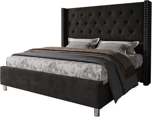 Miniatura 7 de Jocisland Armazón de Cama Queen Tapizada con Cabecero Wingback de Terciopelo Acolchado con Botones en Patrón de Diamante/No Necesita Somier/Fácil