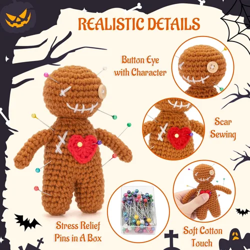 Miniatura 3 de Muñeca de vudú positiva graciosa hecha a mano de ganchillo rellena de peluche con tarjeta de afirmación de positividad para decoración de Halloween