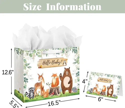 Miniatura 2 de Laidans Bolsa de regalo de 16.5 pulgadas para baby shower o cumpleaños con asa, papel de seda y tarjeta de felicitación