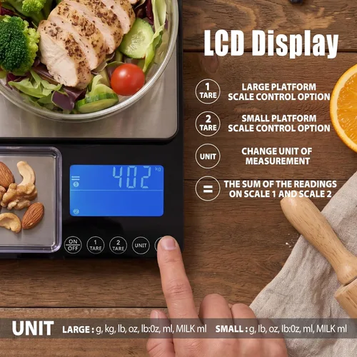 Miniatura 4 de Báscula de cocina de doble plataforma, báscula digital de alimentos con pantalla doble, dos básculas en una para pesada y precisa, 33 lb/0.01