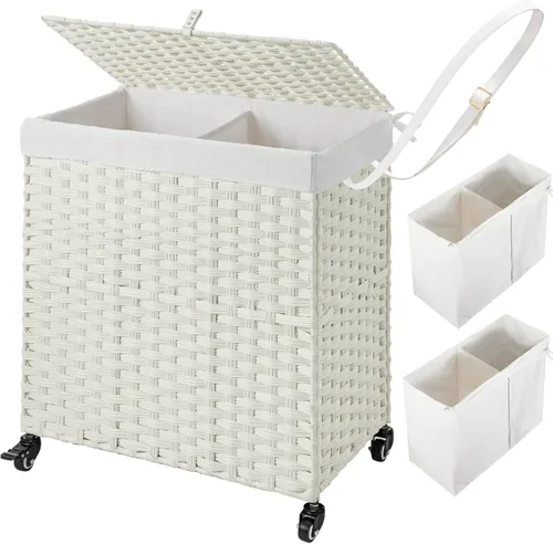 Miniatura 58 de GREENSTELL Cesta para ropa sucia con ruedas y tapa, 130 L, cesta grande de 3 secciones con 2 tipos de bolsas de forro extraíbles, 5 bolsas de malla