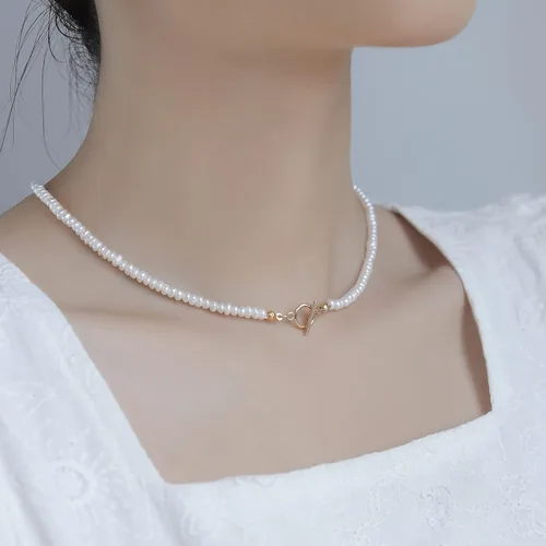 Miniatura 3 de Cowlyn Pearl Choker Dainty Adjustable Necklace 18K Gold Plated Cultured Barque Pearl Tiny Chain Delicate Mother's Valentine Jewelry for Women Girls