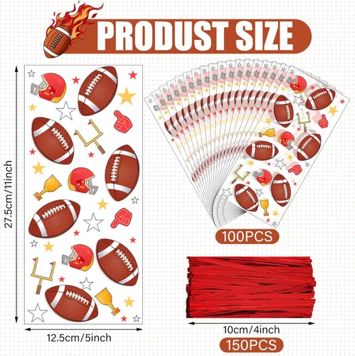 Miniatura 2 de Outus 100 bolsas de golosinas para fiesta de béisbol, dulces, celofán, bolsas deportivas con 150 lazos rojos para recuerdos de fiesta (rugby)
