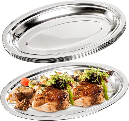 Paquete de 6 platos ovalados de acero inoxidable, pulido de espejo resistente, bandeja grande chisporroteante para servir pescado al vapor, postre