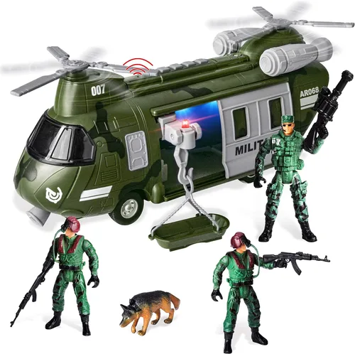 JOYIN Vehículos militares Juego de juguete de helicóptero de transporte alimentado por fricción con sirena de luz y sonido, y figuras de acción de