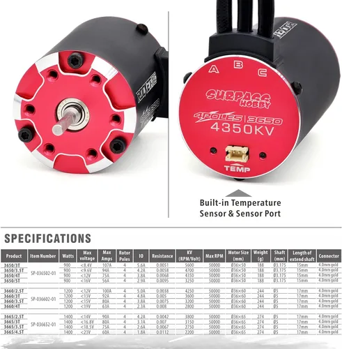 Miniatura 7 de Surpass Hobby 3650 4350kv Motor sin escobillas, motor supersónico sin escobillas 3660 Potencia de salida estable Resistente a altas temperaturas