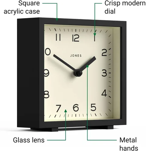 Miniatura 5 de JONES CLOCKS® Reloj de escritorio disco Elegante diseño cuadrado Negro Elegante y fácil de leer para estante, mesa, mantel o mesita de noche