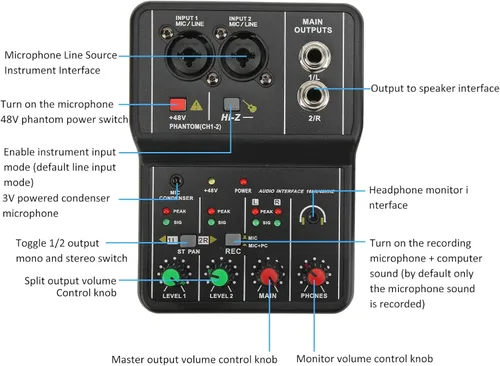 Miniatura 2 de Mezclador de dos canales más barato, mezclador de sonido pequeña interfaz de grabación de audio, 2 canales mezclador de audio USB 48V Power Compact