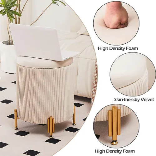 Miniatura 6 de Otomana Redonda Reposapiés con Almacenamiento y Patas de Metal para Sala de Estar y Dormitorio, Taburete Reposapiés Tapizado en Terciopelo Soporta