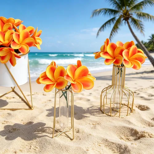 Miniatura 3 de 10 flores de plumeria artificiales de tacto real natural con tallos para fiestas temáticas hawaianas, un ramo de boda en la playa, decoración