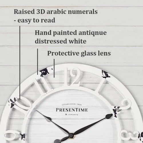 Miniatura 2 de Presentime & Co - Reloj de pared de la serie Farmhouse de 10 pulgadas, estilo Shiplap, número arábigo 3D elevado, blanco envejecido antiguo Blanco