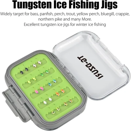 Miniatura 6 de Kit de Jigs de Pesca en Hielo de Tungsteno, 3.2/4/5mm Gota Lágrima que Brillan en la Oscuridad Señuelos Jigs de Pesca en Hielo con Caja de Jigs