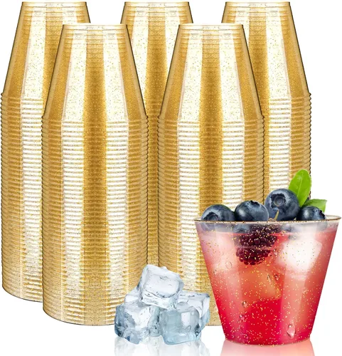 Miniatura 19 de Byvivace Vasos de plástico transparente de 12 onzas con borde dorado, resistentes y aptos para alimentos, desechables, copas de vino, copas de boda